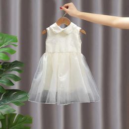 Girl's Dresses Summer Tank top dress Girls Sweet Kids Clothes Pearl flower embroidery Doll collar Dresses for Girs children Party Dance Skirts Y240529