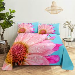 Pink Daisy Flower Queen Sheet Set Girl, Lovers Room Bedding Set Bed Sheets and Pillowcases Bedding Flat Sheet Bed Sheet Set