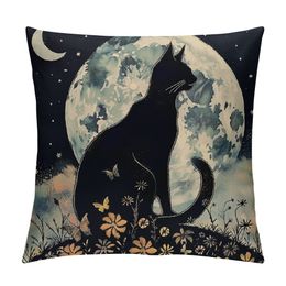 Black cat Throw Pillow Covers Bohemian Mystery Elegant Starry Night Sky Flower Moon Animal Black Soft Decorative for Living Room Bedroom Sofa Pillow case