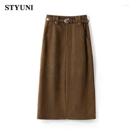Skirts Corduroy Vintage Solid Casual High Waist A-line With Belt Women's Skirt Korean Fashion Mid-Calf Long For Women 2024