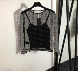 Sexy Mesh T Shirts Women Transparent T Shirt Long Sleeve Breathable Tee Designer Flocking Letter Tees2790013