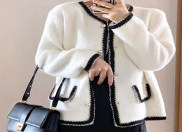 Women039s Wool Blends Vintage Braided Lines Tweed Jacket Women Long Sleeve Top Pearl Button Autumn Coat Contrast Color White 7026489