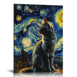 Van Gogh Stil Starry Night Cat Canvas Wandkunst Einzigartige Nachthimmel Ästhetische Druck Vintage Katze Malerei