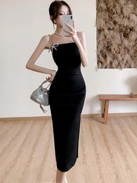 Casual Dresses 2024 Black Elegant Chic Bow Sling Sexy Club Dress Women Korean Vintage Hepburn Vestidos Summer Fashion Luxury Dance Party