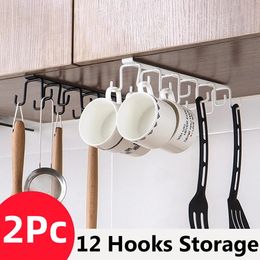 2Pcs 6/12 Hooks Storage Shelf Wardrobe Cabinet Metal Under Shelves Mug Cup Hanger Bathroom Kitchen Organizer Hanging Rack Holder 240529