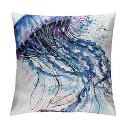 Jellyfish Throw Pillow Cushion Cover, Aqua Colours Art Ocean Animal Print Sketch Style Creative Sea Marine Theme, Decorative Square Accent Pillow Case, Blue White
