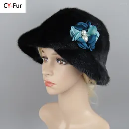 Berretti 2024 Cappello da donna calda inverno tappi di visone solido con cappelli di pelliccia naturale floreale ragazza morbida a maglia un secchio vero