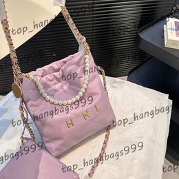 Girls Shiny Colours 22 Mini Shopping Cross Body Bags With Coin Purse Pearl Chain Round Strap Crossbody Drawstring Handbags Calfskin Bucket Pocket Bag 18x22cm
