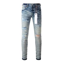 High Street Purple Jeans Man with Distressed Hole Patches Trousers Fashion Repair Low Rise Skinny Denim Pants 9013