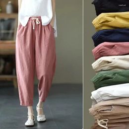 Women's Pants 2024 Summer Cotton Linen Women Retro Elastic Waist Harem Pant Korean Loose Thin Comfortable Ankle-Length Trouser