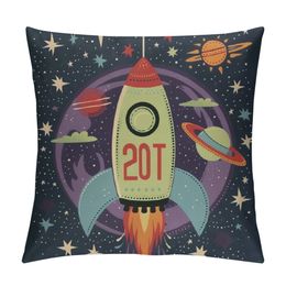 Space Throw Pillow Cover Cartoon Space Icons with Spaceship Flying Saucer Alien Stars and Planets Decorative Pillowcase for Sofa and Bed Couch
