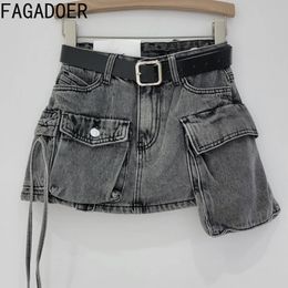 FAGADOER Vintage Denim Mini Skirts Women Cargo Shorts Skirts Y2k Streetwear Fashion Pockets Patchwork Jeans Female Casual Skirts 240529
