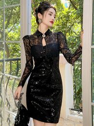 Casual Dresses Fashion Celebrity Birthday Party Black Dress Women Sheer Lace Bright Sequins Hollow Bodyocn Gown Lady Night Club Vestidos