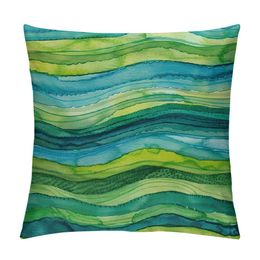 Watercolour Throw Pillow Cover Stripped Waves Blue and Green Paint Brush Gradient Marine Sea Splash Decorative Pillow Case Home Decor Square Pillowcase
