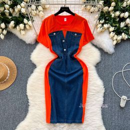 Korean version of womens clothing design contrasting Colour splicing slim fit medium length denim dress womens casual short sleeved skirt