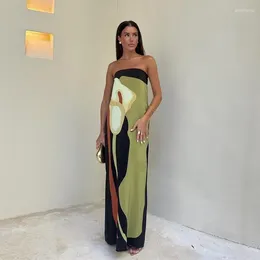 Casual Dresses Avocado Green Contrast Flower Print Strapless Dress Loose Women Straight Backless Robes 2024 Female Holiday Beach Vestido