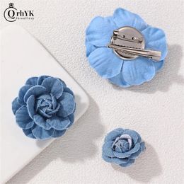 Brooches Blue Fabric Camellia Flower For Women Handmade Cloth Art Lapel Pins Corsage Fashion Jewelry Accessories