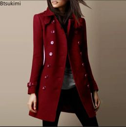 2024 Women's Thick Warm Coat Jacket Solid Slim Cardigan Jacket Turn-down Collar Female Long Sleeve Double Breasted Woolen Coat