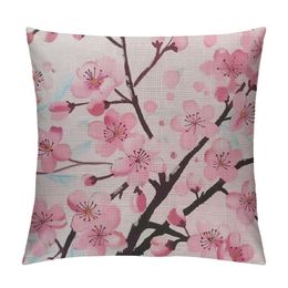 Spring Pillow Decorative Throw Pillow Covers , Pink Chinese Cherry Blossom Flower Japan Plum Branch Square Pillow Cases Pillowcase Sofa Cushion