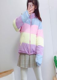 Rainbow colorful Cotton Padded Parkas Women Autumn Winter Detachable hat Coat womens Pastel Panel Puffer Jacket Coats 2010274974126