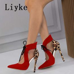 Sandals Liyke 2024 new sexy red dot shoelaces high heels womens bouncy back sandals summer party ball shoes leopard print pump mule T240528