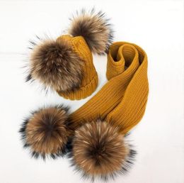 New children039s double hair ball Woollen hat scarf set men and women thickened raccoon fur knitted ear cap5786009