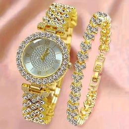 Wristwatches 2pcs/set Glamorous Rhinestone Quartz Watch & Bracelet Duo - Golden Timeless Luxury For Her
