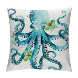 Octopus Throw Pillow Cover Decorative Square Green Flower Pillow Case White Pillowcase for Bed Bedroom Couch Chair Ocean Blue