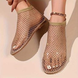 Sandals Womens Solid Color Glitter Sandals Rhinestone Decor Lightweight Mesh Water Shoes Summer Hollow Out Beach Shoes T240528