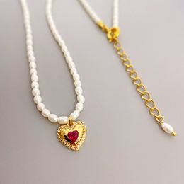 Heart Charm Pendant Necklace Little Pearls Chain Seed Beads Necklaces 282N