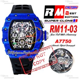 11-03 Jean Todt Automatic Flyback ETA A7750 Chronograph Mens Watch RMF Blue NTPT PVD White Skeleton Dial Big Date Black Rubber Strap Super Edition Puretime PTRM