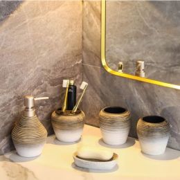 Vintage Handmade Bathroom Supplies Ceramic Bathroom Accessories Set Toothbrush Holder Liquid Dispenser Soap Dish Home Decor