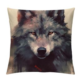 Nordic Simple Watercolour Painting Wolf Animals Art Throw Pillow Cover Square Decorative Throw Pillow Cushion Case for Home Couch Living Room Bed Sofa Car Pillowcase
