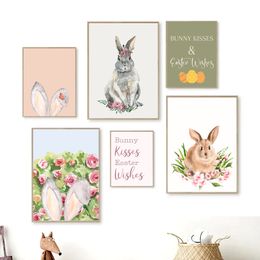 Watercolour Cute Tulip Bunny Floral Animals Spring Rabbit Quotes Poster Canvas Painting Wall Art Pictures Home Nursery Decor Gift