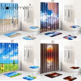Shower Curtains Sea Beach Scenery Curtain Blue Sun Rise Sky Bathing Bathroom 3D Blackout Large No-slip Toilet Cover For