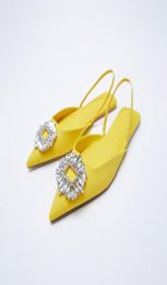 Sandals 2021 Summer Flats Women Pointed Toe Silk Crystal Back Strap Muller Diamond Yellow Sandalias Mujer Flat Shoes1869059