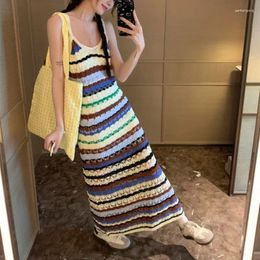 Casual Dresses 2024 Summer Korean Contrast Colour Striped Hollow Out Knitted Sling Dress Women Sexy White Two-piece Suit