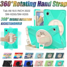 360 Rotating Hand Strap Tablet Cases For Samsung Galaxy Tab A8 10.5 inch Shockproof Kids Safe PC Silicon Stand Cover Case With Shoulder Strap + Screen Protector