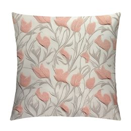 Dusty Rose Throw Pillow Cushion Cover, Pink Tulip Flower Silhouettes Pattern Abstract Stems Buds Flora Girls Print, Decorative Square Accent Pillow Case, , White Coral