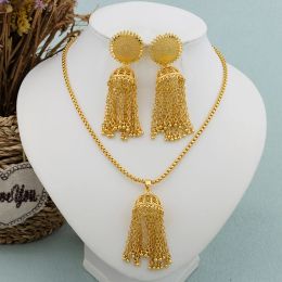 Dubai Jewelry Sets for Women Girl Turkish Necklace Long Tassel Earrings Copper Bracelet Ring Indian Luxury Wedding Party Gift