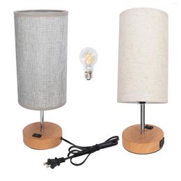 Table Lamps Lamp 5W US Plug 110V 3 Level Brightness USB Charging Linen Fabric LED Desk Wood Grain Base For Bedroom