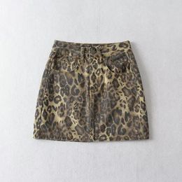 Skirts Women's Denim Leopard Pattern Green Coffee Slim High Waist Wrap Hip Mini 2024 Summer Fashion