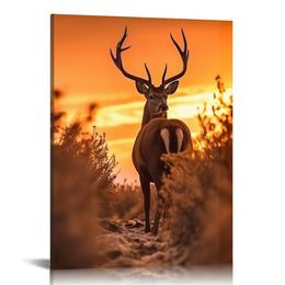 Brown Canvas Prints Wall Art Deer Elks in Autumn Sunset Forest Pictures Paintings for Living Room Bedroom Kitchen Home Decorations Modern Giclee Animal Scenery