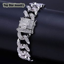 Copper Micro-inserts White Diamond MIAMI CUBAN LINK Bracelets Mens Hip Hop Bling Iced Out Chains With Jewellery Box 251C
