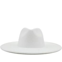Wide Brim Hats British Style Winter Wool Solid Classic Fedoras Cap Men Women Panama Jazz Hat 9 5CM Big White 287E