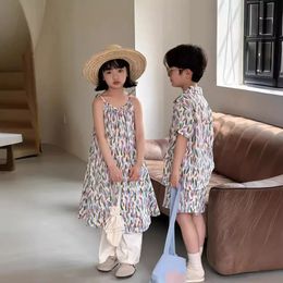 Resorts Boy and Girl Clothes Sister Brother Matching Outfits Kids Vacation Two Piece Sets Beach Little Girls Sling Dress 240529