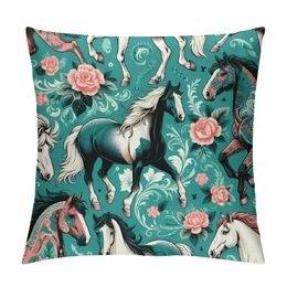 Horse Flower Throw Pillow Covers Pillow case Farmhouse Pillow Cover Square Cushion for Living Room Couch Sofa Bed Home Outdoor Indoor Decorative