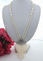 Chains Natural White Freshwater Pearl Necklace-sector Pendant Inlay Zircon Tassel Long Sweater Chain Necklace FINE Jewelry