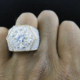 Wholesale- Men's Iced Out Cubic Zircon Bling Ring Gold Colour Hexagon Full CZ Jewellery Micro Paved Iced Out Cubic Zircon Rings Gifts 266w