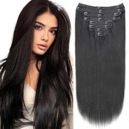 Hair Wefts Straight clip style hair extension set of 120G double woven fabric Brazilian virgin 100% human hair natural black for women Q240529